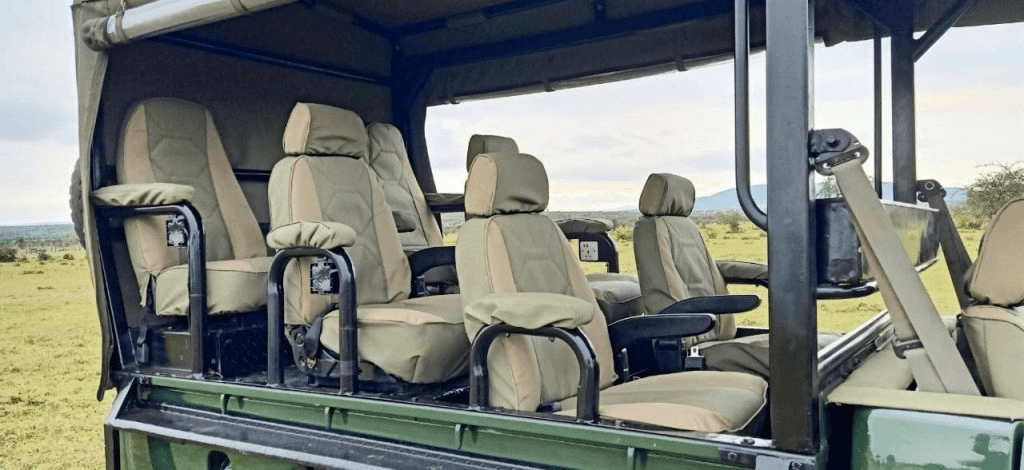 Plush seating inside open-sided safari vehicle