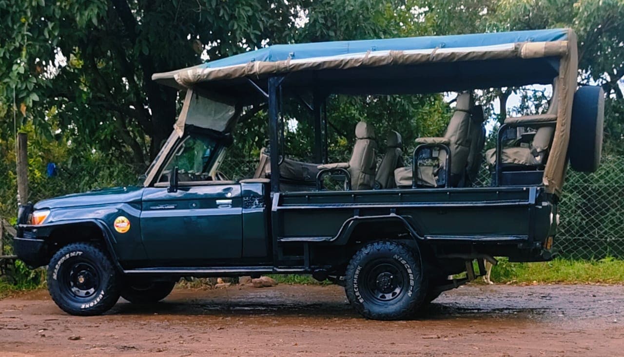 Open-sided Land Cruiser safari vehicle in Masai Mara